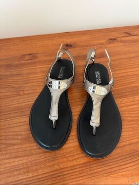 Michael Kors Silver and Black T-Strap Slingback Sandals